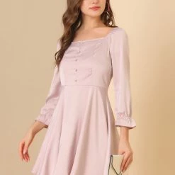 Allegra K Women's Ruffle Puff Sleeve Button Decor Fit And Flare Square Neck Dress 11 Allegra K Women's Ruffle Puff Sleeve Button Decor Fit And Flare Square Neck Dress