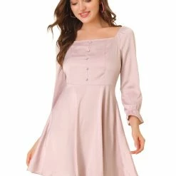 Allegra K Women's Ruffle Puff Sleeve Button Decor Fit And Flare Square Neck Dress 12 Allegra K Women's Ruffle Puff Sleeve Button Decor Fit And Flare Square Neck Dress