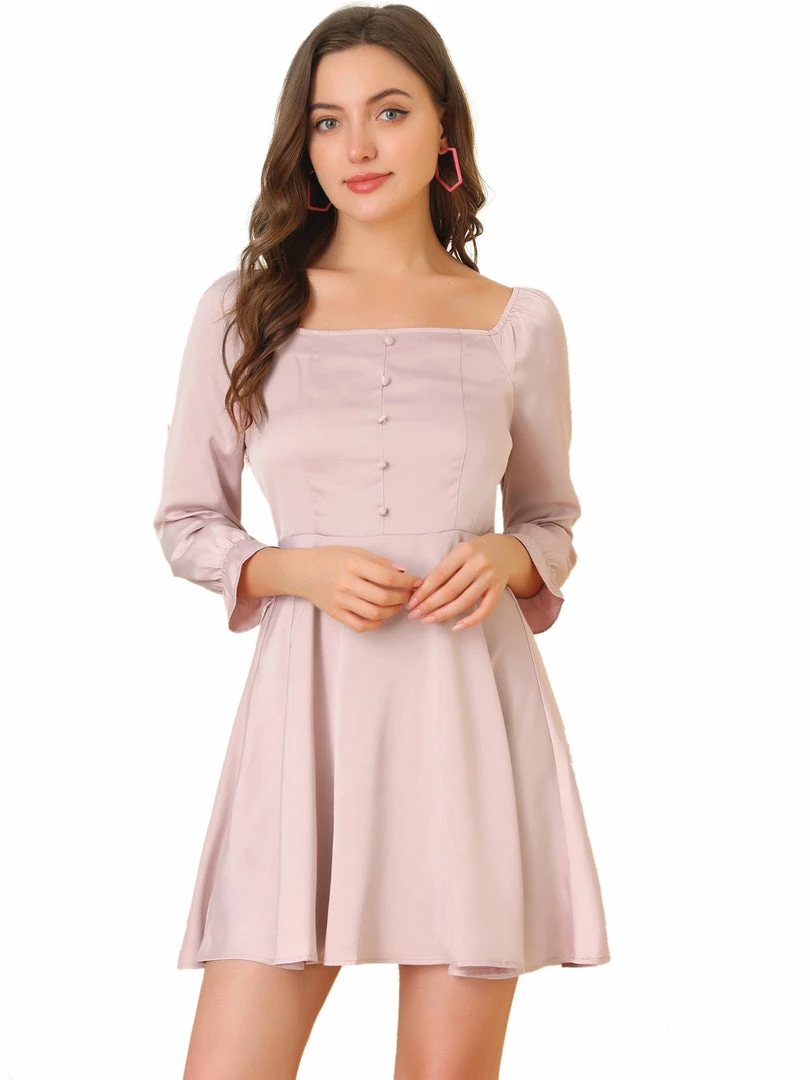 Allegra K Women's Ruffle Puff Sleeve Button Decor Fit And Flare Square Neck Dress 4 Allegra K Women's Ruffle Puff Sleeve Button Decor Fit And Flare Square Neck Dress