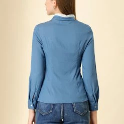 Allegra K Women's Contrast Collar Button Down Shirt Long Sleeve Ruffle Trim Neck Blouse