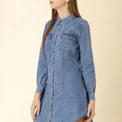 Allegra K Women's Bishop Sleeve Casual Chest Pocket Denim Shirt Dress