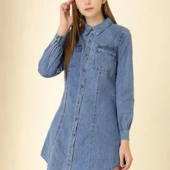 Allegra K Women's Bishop Sleeve Casual Chest Pocket Denim Shirt Dress
