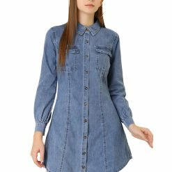 Allegra K Women's Bishop Sleeve Casual Chest Pocket Denim Shirt Dress
