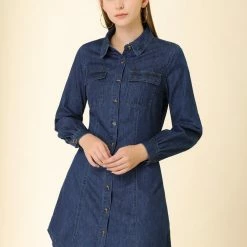 Allegra K Women's Bishop Sleeve Casual Chest Pocket Denim Shirt Dress