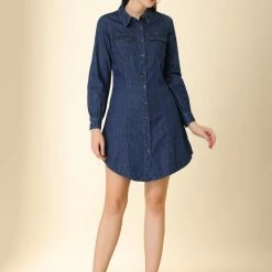 Allegra K Women's Bishop Sleeve Casual Chest Pocket Denim Shirt Dress
