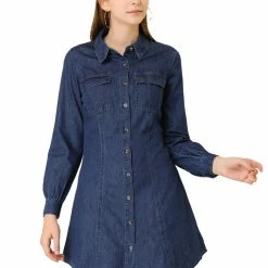 Allegra K Women's Bishop Sleeve Casual Chest Pocket Denim Shirt Dress