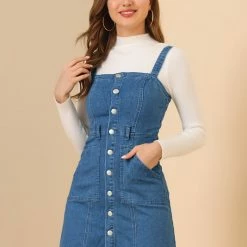 Women Allegra K Classic Adjustable Strap A-Line Overall Denim Dress 93 Women Allegra K Classic Adjustable Strap A-Line Overall Denim Dress