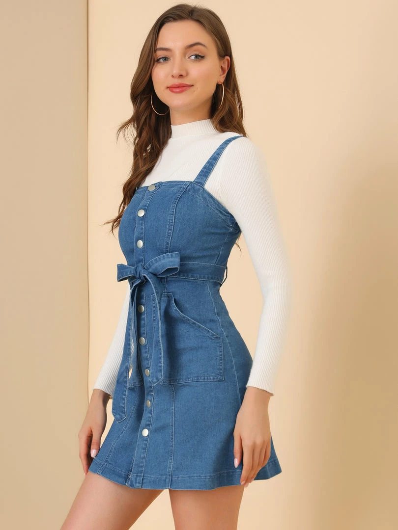 Women Allegra K Classic Adjustable Strap A-Line Overall Denim Dress 48 Women Allegra K Classic Adjustable Strap A-Line Overall Denim Dress