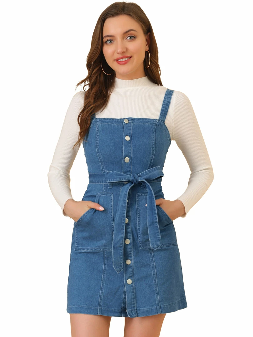 Women Allegra K Classic Adjustable Strap A-Line Overall Denim Dress 45 Women Allegra K Classic Adjustable Strap A-Line Overall Denim Dress