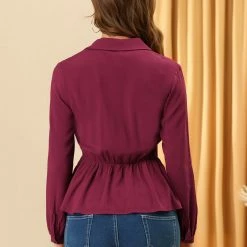 Allegra K Women's Peplum Elegant Button Self-Tie Neck V Neck Ruffle Tops 14 Allegra K Women's Peplum Elegant Button Self-Tie Neck V Neck Ruffle Tops