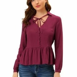Allegra K Women's Peplum Elegant Button Self-Tie Neck V Neck Ruffle Tops