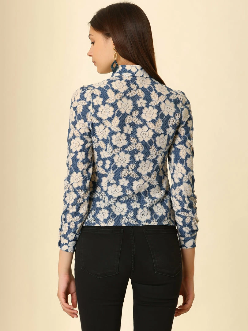 Allegra K Women's Lace Floral Semi Sheer Work Button Down Collar Shirt 8 Allegra K Women's Lace Floral Semi Sheer Work Button Down Collar Shirt