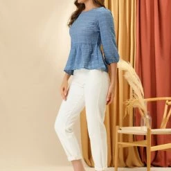 Allegra K Women's Chiffon Blouse Mesh Gathering Bubble Sleeve Peplum Shirts