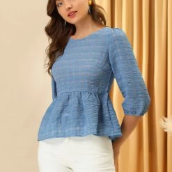 Allegra K Women's Chiffon Blouse Mesh Gathering Bubble Sleeve Peplum Shirts