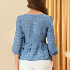 Allegra K Women's Chiffon Blouse Mesh Gathering Bubble Sleeve Peplum Shirts