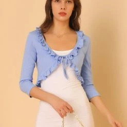 Allegra K Women's Tie Front Shrug Ruffle Neck 3/4 Sleeve Crop Cardigan