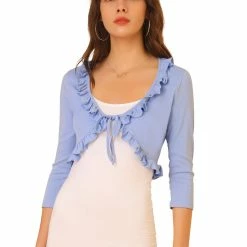 Allegra K Women's Tie Front Shrug Ruffle Neck 3/4 Sleeve Crop Cardigan