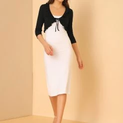 Allegra K Women's Tie Front Shrug Ruffle Neck 3/4 Sleeve Crop Cardigan