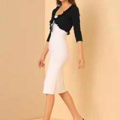 Allegra K Women's Tie Front Shrug Ruffle Neck 3/4 Sleeve Crop Cardigan