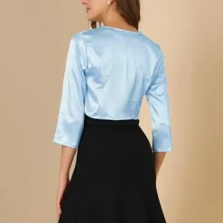 Allegra K Women's Satin Cardigan Elegant 3/4 Sleeve Solid Bolero Shrug Tops