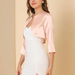 Allegra K Women's Satin Cardigan Elegant 3/4 Sleeve Solid Bolero Shrug Tops