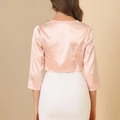 Allegra K Women's Satin Cardigan Elegant 3/4 Sleeve Solid Bolero Shrug Tops