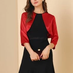 Allegra K Women's Satin Cardigan Elegant 3/4 Sleeve Solid Bolero Shrug Tops