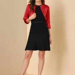 Allegra K Women's Satin Cardigan Elegant 3/4 Sleeve Solid Bolero Shrug Tops