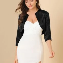 Allegra K Women's Satin Cardigan Elegant 3/4 Sleeve Solid Bolero Shrug Tops