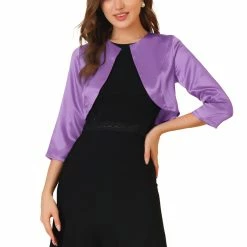 Allegra K Women's Satin Cardigan Elegant 3/4 Sleeve Solid Bolero Shrug Tops
