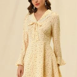 Allegra K Women's Floral Print Tie Doll Collar Ruffle Flare A-Line Dresses