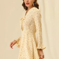 Allegra K Women's Floral Print Tie Doll Collar Ruffle Flare A-Line Dresses