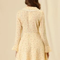 Allegra K Women's Floral Print Tie Doll Collar Ruffle Flare A-Line Dresses