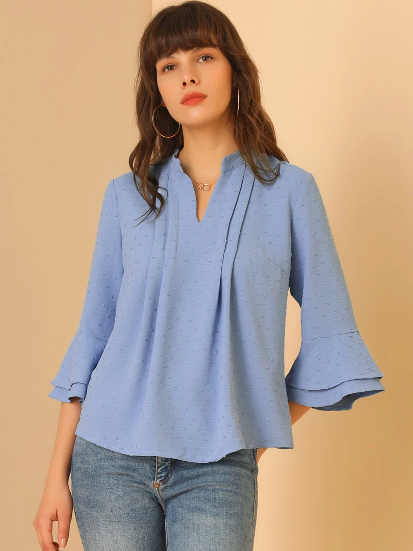 Allegra K Women's Ruffle 3/4 Bell Sleeve Top V-Neck Casual Swiss Dots Blouse 5 Allegra K Women's Ruffle 3/4 Bell Sleeve Top V-Neck Casual Swiss Dots Blouse
