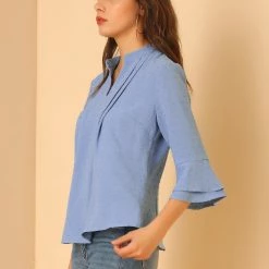 Allegra K Women's Ruffle 3/4 Bell Sleeve Top V-Neck Casual Swiss Dots Blouse 13 Allegra K Women's Ruffle 3/4 Bell Sleeve Top V-Neck Casual Swiss Dots Blouse