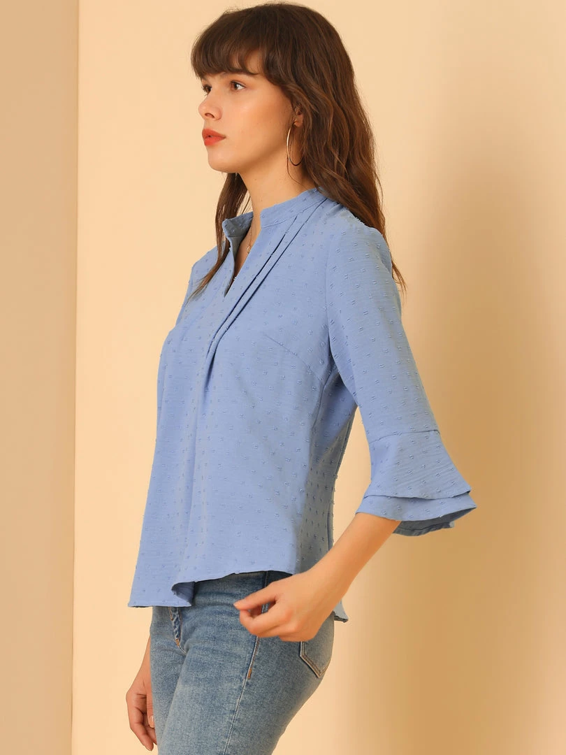 Allegra K Women's Ruffle 3/4 Bell Sleeve Top V-Neck Casual Swiss Dots Blouse 7 Allegra K Women's Ruffle 3/4 Bell Sleeve Top V-Neck Casual Swiss Dots Blouse