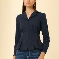 Allegra K Women's Cotton Camp Collar Button Down Cinched Waist Peplum Shirt 11 Allegra K Women's Cotton Camp Collar Button Down Cinched Waist Peplum Shirt