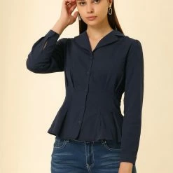 Allegra K Women's Cotton Camp Collar Button Down Cinched Waist Peplum Shirt 12 Allegra K Women's Cotton Camp Collar Button Down Cinched Waist Peplum Shirt