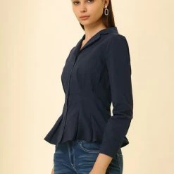 Allegra K Women's Cotton Camp Collar Button Down Cinched Waist Peplum Shirt 13 Allegra K Women's Cotton Camp Collar Button Down Cinched Waist Peplum Shirt