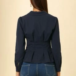 Allegra K Women's Cotton Camp Collar Button Down Cinched Waist Peplum Shirt 14 Allegra K Women's Cotton Camp Collar Button Down Cinched Waist Peplum Shirt