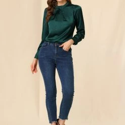 Allegra K Women's Vintage Satin Silk Long Puff Sleeve Ruffle Turtleneck Dots Blouse Top 24 Allegra K Women's Vintage Satin Silk Long Puff Sleeve Ruffle Turtleneck Dots Blouse Top