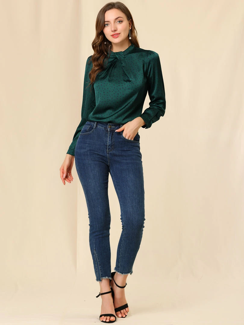 Allegra K Women's Vintage Satin Silk Long Puff Sleeve Ruffle Turtleneck Dots Blouse Top 12 Allegra K Women's Vintage Satin Silk Long Puff Sleeve Ruffle Turtleneck Dots Blouse Top