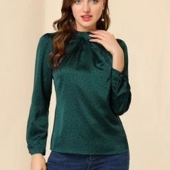 Allegra K Women's Vintage Satin Silk Long Puff Sleeve Ruffle Turtleneck Dots Blouse Top 25 Allegra K Women's Vintage Satin Silk Long Puff Sleeve Ruffle Turtleneck Dots Blouse Top