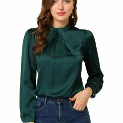 Allegra K Women's Vintage Satin Silk Long Puff Sleeve Ruffle Turtleneck Dots Blouse Top 22 Allegra K Women's Vintage Satin Silk Long Puff Sleeve Ruffle Turtleneck Dots Blouse Top