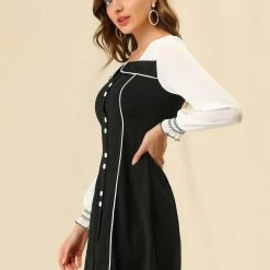 Allegra K Women's Contrast Collar Elegant Sheer Ruffled Sleeve Chiffon Dress