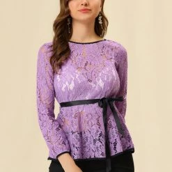 Allegra K Self-Tie Waist Bi-Color Contrast Lace Peplum Top 143 Allegra K Self-Tie Waist Bi-Color Contrast Lace Peplum Top