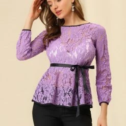 Allegra K Self-Tie Waist Bi-Color Contrast Lace Peplum Top 144 Allegra K Self-Tie Waist Bi-Color Contrast Lace Peplum Top