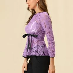 Allegra K Self-Tie Waist Bi-Color Contrast Lace Peplum Top 145 Allegra K Self-Tie Waist Bi-Color Contrast Lace Peplum Top