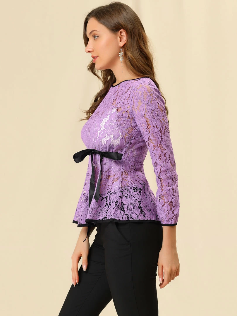 Allegra K Self-Tie Waist Bi-Color Contrast Lace Peplum Top 73 Allegra K Self-Tie Waist Bi-Color Contrast Lace Peplum Top