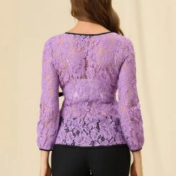 Allegra K Self-Tie Waist Bi-Color Contrast Lace Peplum Top 146 Allegra K Self-Tie Waist Bi-Color Contrast Lace Peplum Top